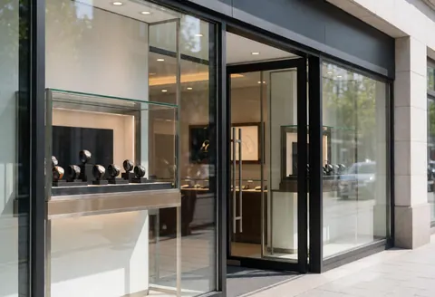 Façade moderne d'une boutique de montres avec vitrine en verre, montres exposées sur le comptoir et entrée lumineuse baignée de lumière naturelle.