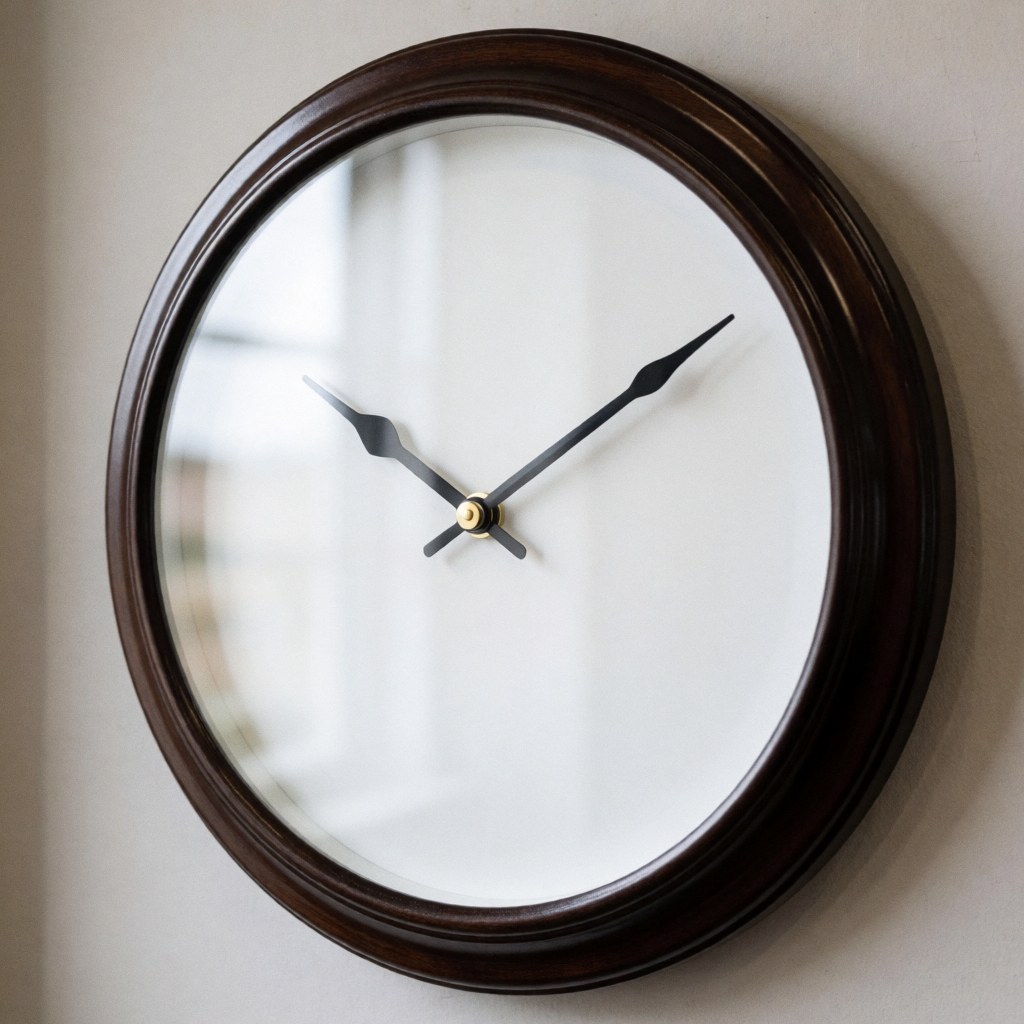 Horloge murale avec cadre en bois foncé et cadran blanc, aiguilles indiquant dix heures moins cinq, fixée sur un mur blanc, éclairage doux.