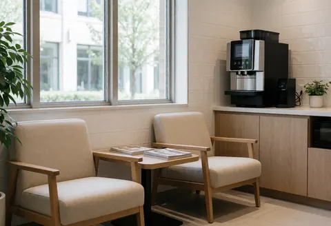 Coin d'attente moderne meublé de deux chaises et une table basse posant des magazines, équipé d'une machine à café, baigné de lumière naturelle entrant par de grandes fenêtres.