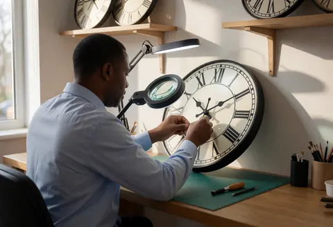 Technicien en train de monter une montre avec une loupe, outils et accessoires sur le bureau, lumière naturelle par la fenêtre, ambiance professionnelle et ordonnée.