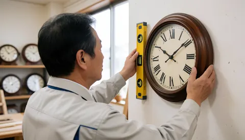 Un technicien horloger fixe une grande horloge murale à chiffres romains en utilisant un niveau jaune. Des étagères avec d'autres montres sont visibles en arrière-plan, éclairées par la lumière naturelle.