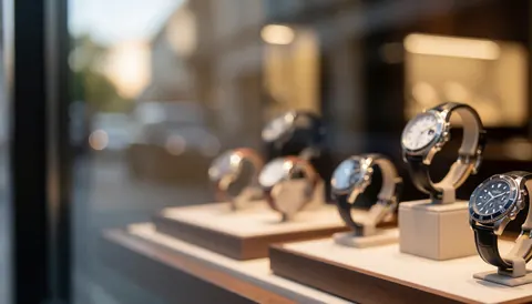 Vitrine de bijouterie contenant plusieurs montres sur supports, avec un arrière-plan flou montrant des reflets de rue et une lumière intérieure chaude, idéal pour ajouter du texte.