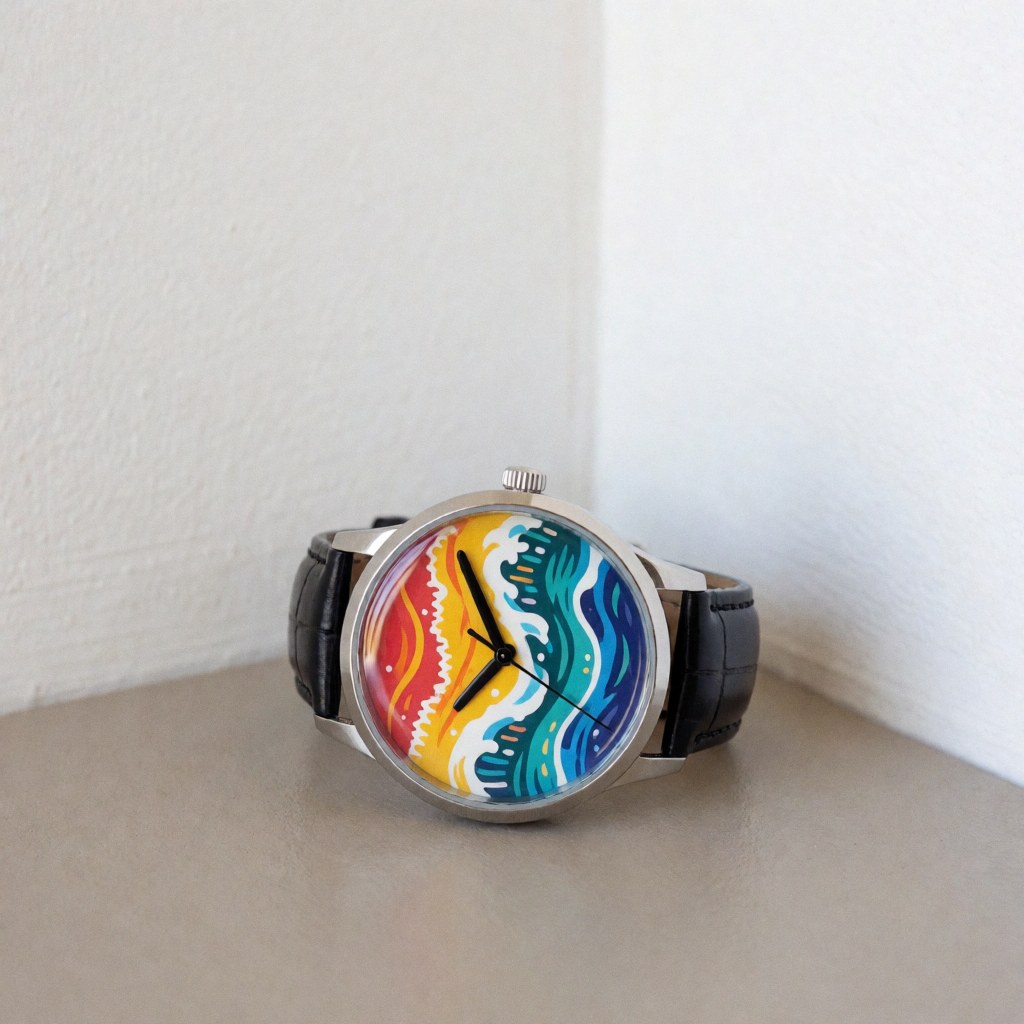 Montre-bracelet avec un cadran aux motifs d'ondes tropicales colorées et une lanière noire, posée sur une surface neutre sous un éclairage naturel, idéale pour un catalogue de produits.