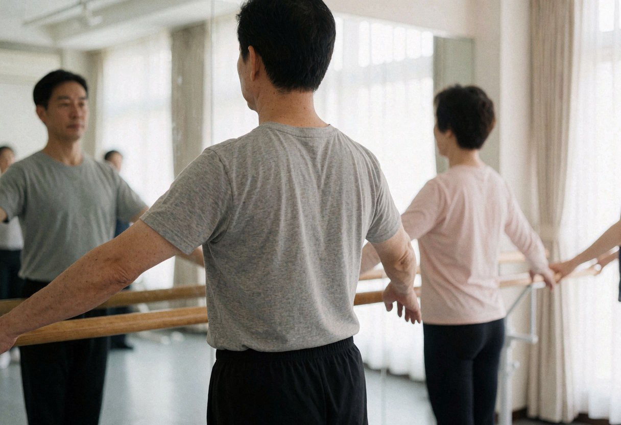 Un homme adulte effectue des étirements près d'une barre de ballet dans une salle de danse, avec d'autres personnes en arrière-plan et une lumière naturelle entrant par les fenêtres.