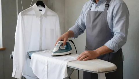 Un homme portant un tablier gris repasse une chemise blanche sur une planche à repasser dans un atelier aux murs en béton.