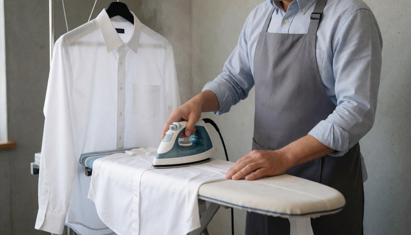 Un homme portant un tablier gris repasse une chemise blanche sur une planche à repasser dans un atelier aux murs en béton.