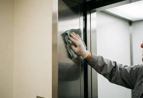 Un technicien en gant blanc nettoie la porte en acier inoxydable d'un ascenseur avec un chiffon, révélant un intérieur propre et brillant sur fond de murs blancs chauds.