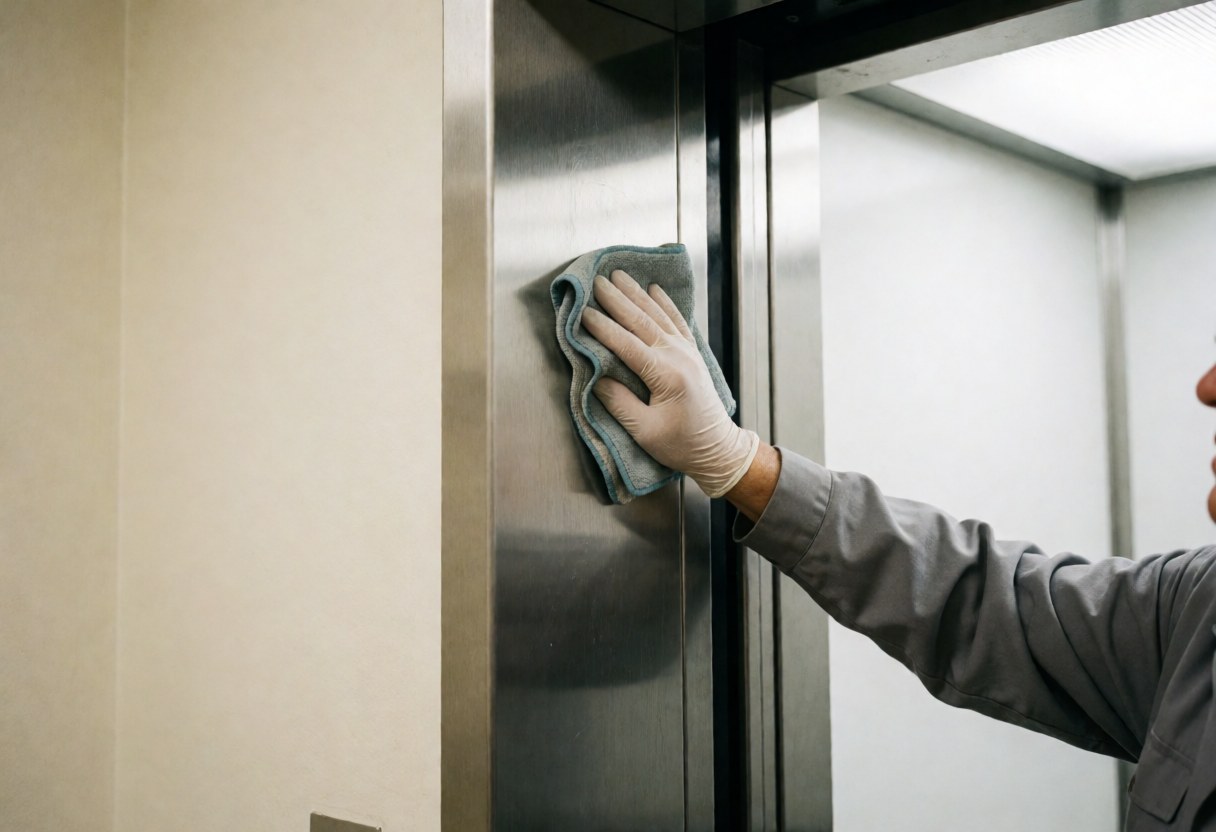 Un technicien en gant blanc nettoie la porte en acier inoxydable d'un ascenseur avec un chiffon, révélant un intérieur propre et brillant sur fond de murs blancs chauds.