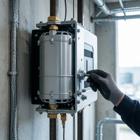 Main d'un technicien serrant une vis sur un moteur d'ascenseur MRL fixé à un mur en béton avec des tuyaux métalliques visibles.