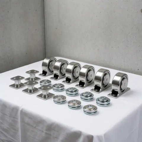 Ensemble de roues et de guides en acier inoxydable pour ascenseurs, neufs et brillants, disposés sur un tissu blanc avec un mur de béton en arrière-plan.