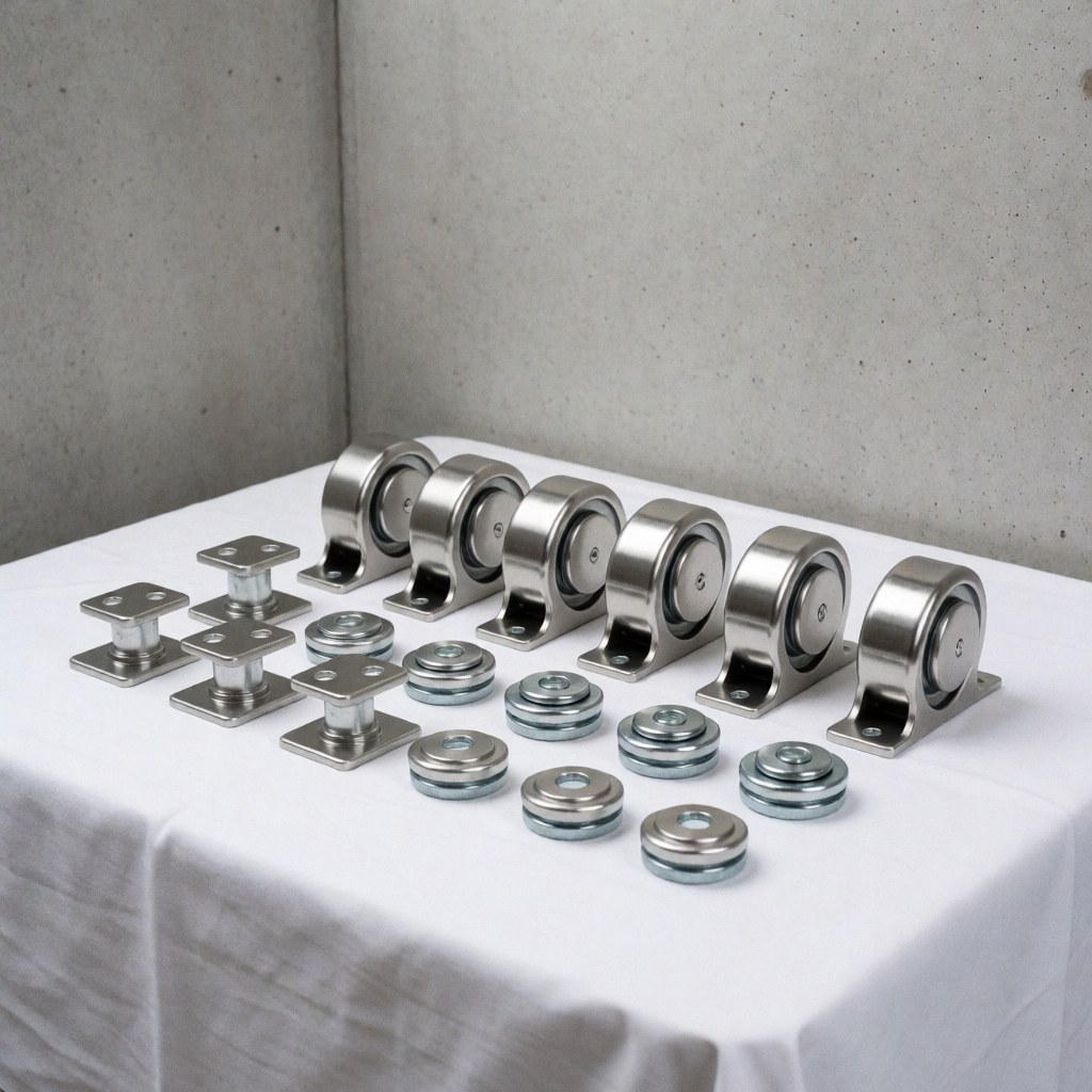 Ensemble de roues et de guides en acier inoxydable pour ascenseurs, neufs et brillants, disposés sur un tissu blanc avec un mur de béton en arrière-plan.