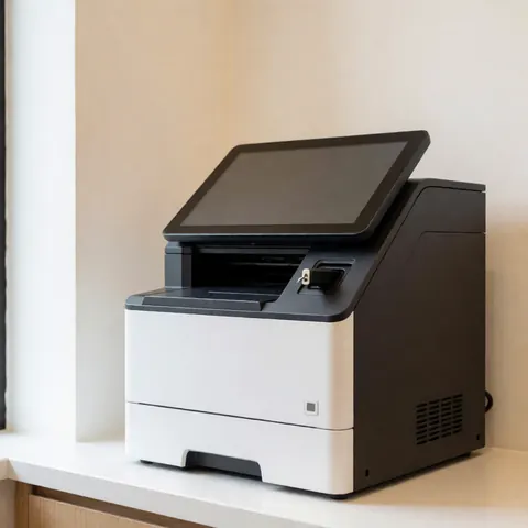 Station d'impression propre et moderne dotée d'un écran tactile, idéale pour une papeterie dans un environnement professionnel éclairé par la lumière naturelle.