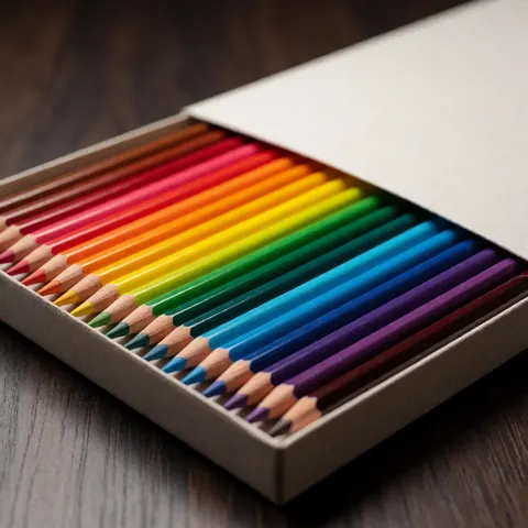 Crayons de couleur disposés dans une boîte ouverte sur une surface en bois sombre avec un fond flou.
