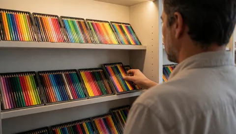 Un homme adulte sélectionne des boîtes de crayons de couleur sur une étagère bien éclairée, avec un mur gris clair et un espace vide à droite pour le texte.