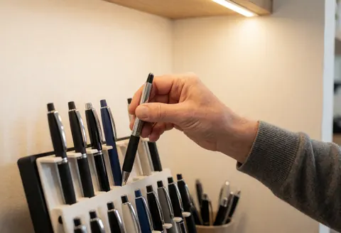 Une main adulte sélectionne un stylo en métal et caoutchouc parmi plusieurs autres posés sur un support dans une papeterie à l'éclairage chaleureux.