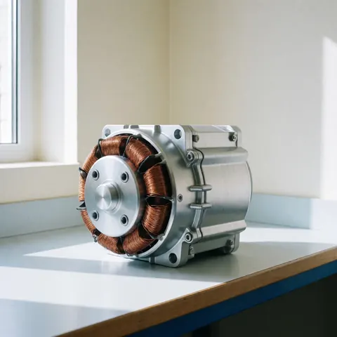 Moteur moderne avec bobines de cuivre et carrosserie en aluminium sur un comptoir blanc éclairé par la lumière naturelle pour réparations.