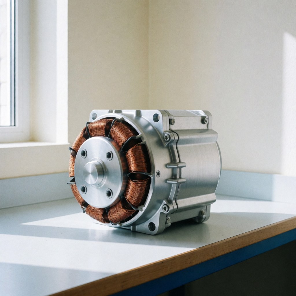 Moteur moderne avec bobines de cuivre et carrosserie en aluminium sur un comptoir blanc éclairé par la lumière naturelle pour réparations.