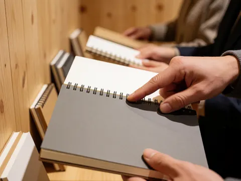 Une main adulte effleure la reliure en spirale d'un cahier gris posé sur une surface en bois, avec d'autres cahiers flous en arrière-plan.