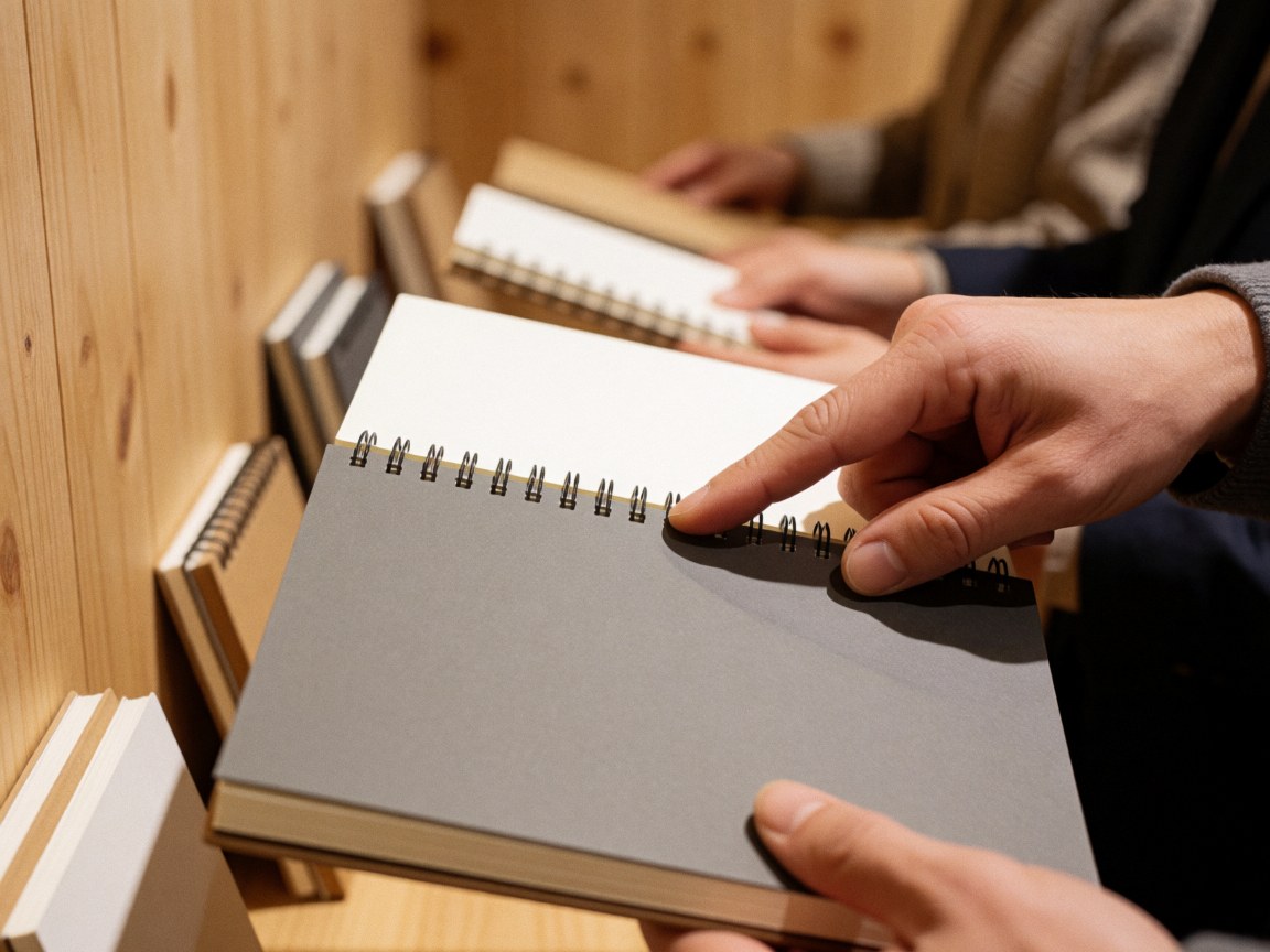 Une main adulte effleure la reliure en spirale d'un cahier gris posé sur une surface en bois, avec d'autres cahiers flous en arrière-plan.