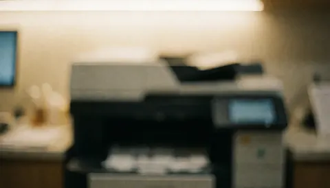 Arrière-plan professionnel d'une imprimante en bureau avec lumière chaude, idéal pour textes, sans personnes, environnement propre et ordonné.