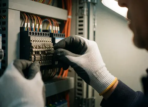 Gros plan d'une main gantée serrant une borne métallique sur un panneau électrique avec des câbles visibles, éclairage réaliste et fond gris.