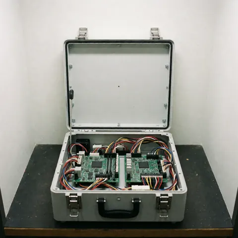Boîtier métallique ouvert révélant des circuits et des câbles organisés, illustrant la technologie de précision utilisée dans la réparation d'ascenseurs.