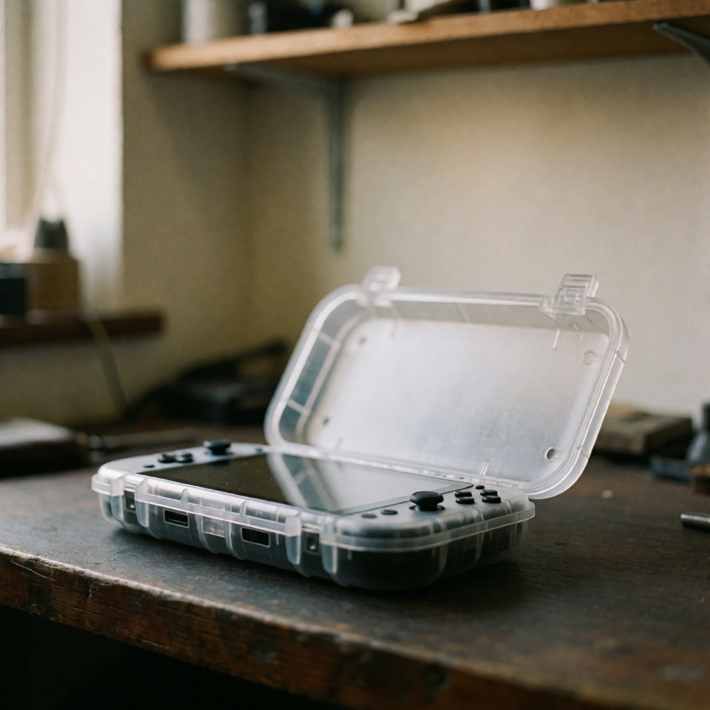 Console de jeux vidéo posée sur une table en bois sombre, entourée d'un emballage protecteur transparent avec un fond flou.