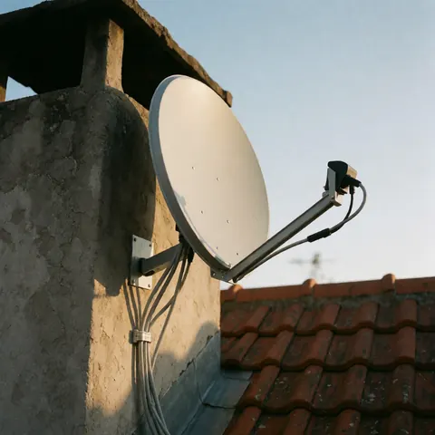 Antenne satellite blanche installée sur une cheminée en pierre avec câbles descendant le long du mur sous un toit de tuiles rouges au coucher du soleil.