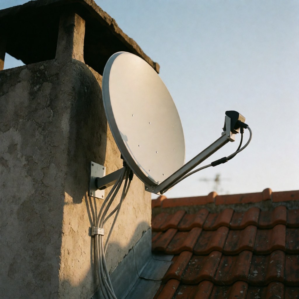 Antenne satellite blanche installée sur une cheminée en pierre avec câbles descendant le long du mur sous un toit de tuiles rouges au coucher du soleil.