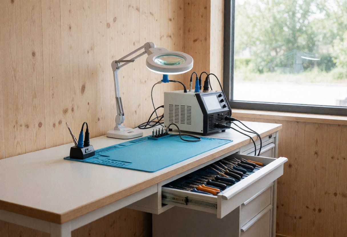 Bureau de technicien équipé d'outils de réparation, lampe grossissante et tapis antistatique, sur fond de murs en bois clair et fenêtre laissant entrer la lumière naturelle.