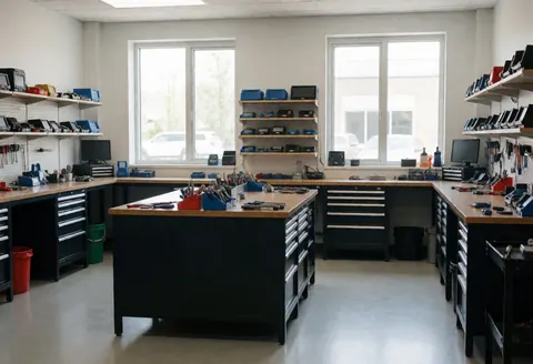 Atelier de réparation de télévision avec tables de travail, étagères remplies d'outils et de composants électroniques, éclairé par des fenêtres. Espace propre et professionnel pour les réparations.