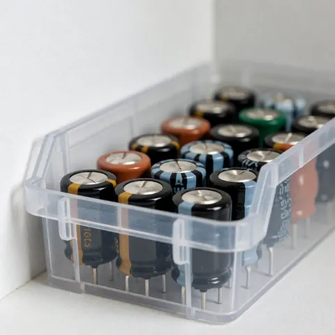 Récipient transparent contenant des condensateurs colorés pour la réparation de téléviseurs sur fond blanc avec éclairage professionnel doux.
