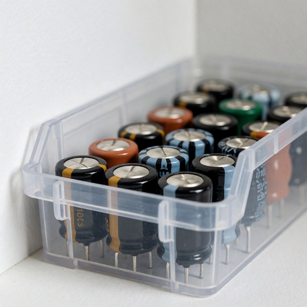 Récipient transparent contenant des condensateurs colorés pour la réparation de téléviseurs sur fond blanc avec éclairage professionnel doux.