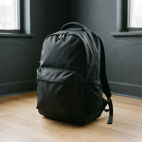 Sac à dos noir robuste avec poche avant et porte-bouteille posé sur un plancher clair près d'une fenêtre.