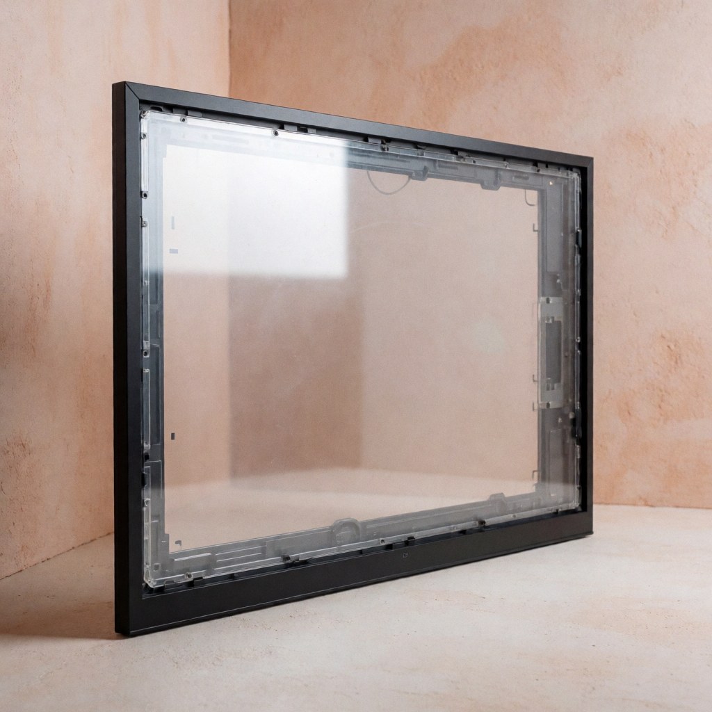 Écran de télévision neuf au cadre noir mat et structure interne transparente posé sur une surface neutre devant un mur terracotta clair.