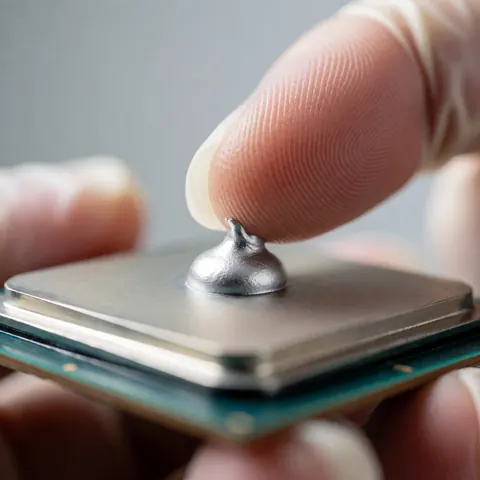 Gros plan d'une main gantée appliquant de la pâte thermique argentée sur le dissipateur d'un processeur informatique, sur fond neutre avec éclairage clinique.