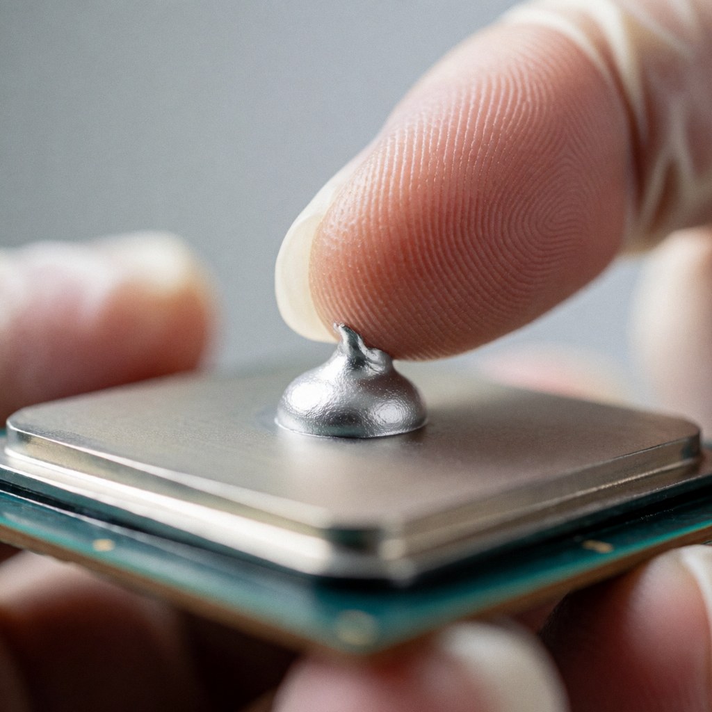 Gros plan d'une main gantée appliquant de la pâte thermique argentée sur le dissipateur d'un processeur informatique, sur fond neutre avec éclairage clinique.