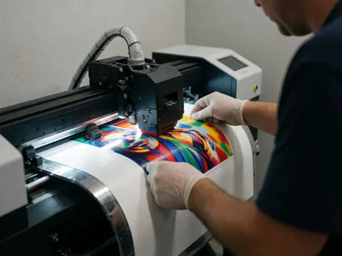 Un technicien en gants guide une imprimante vinyle déposant des couleurs vives sur un support blanc dans un environnement professionnel gris.