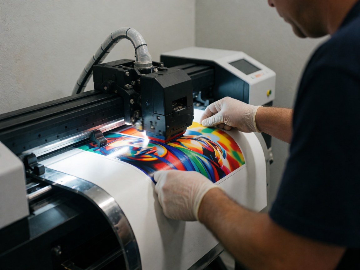 Un technicien en gants guide une imprimante vinyle déposant des couleurs vives sur un support blanc dans un environnement professionnel gris.
