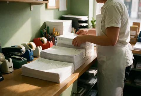 Un vendeur organise des ramettes de papier A4 sur un comptoir en bois dans une papeterie, avec des agrafeuses et des distributeurs de ruban adhésif à proximité.