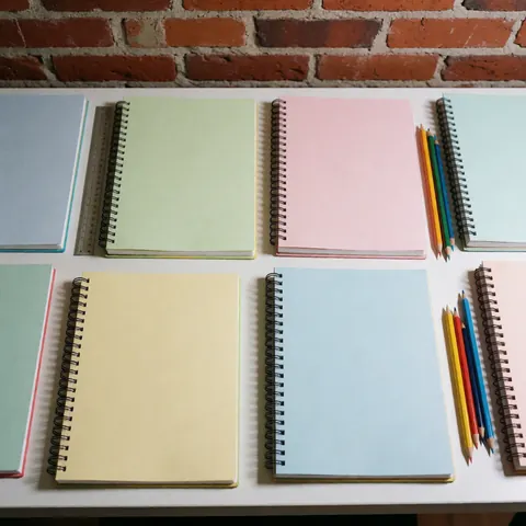 Cahiers à spirales aux tons pastels, crayons de couleur et règle posés sur une table blanche devant un mur de briques rouges sous un éclairage vif.