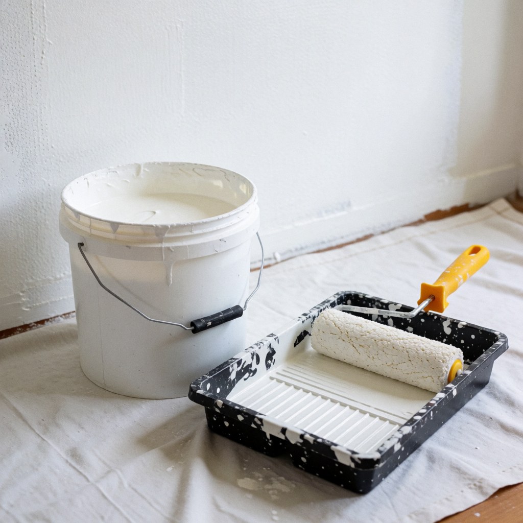 Un seau de peinture blanche accompagné d'un rouleau posé sur une tablette, le tout disposé sur un tissu blanc en vue d'une application murale.