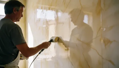 Un peintre professionnel applique un enduit vénitian brillant imitant le marbre sur un mur, utilisant des outils dans un environnement lumineux.