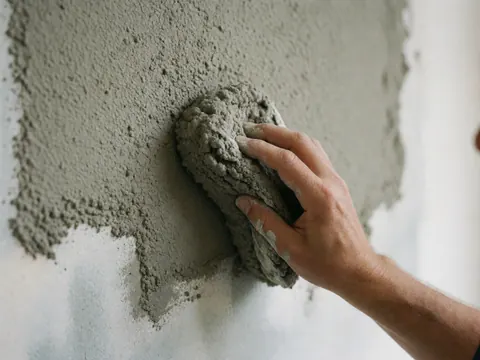 Une main utilise une éponge pour appliquer de l'enduit gris sur un mur, révélant une texture organique détaillée sous une lumière naturelle.