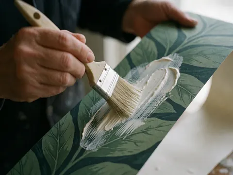 Gros plan d'une main tenant une broche pour appliquer de la colle blanche sur un mur recouvert de papier peint à motifs de feuilles vertes, en vue de la pose.