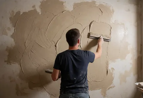 Un professionnel applique un enduit beige sur une paroi avec un outil, créant un motif artistique en intérieur.