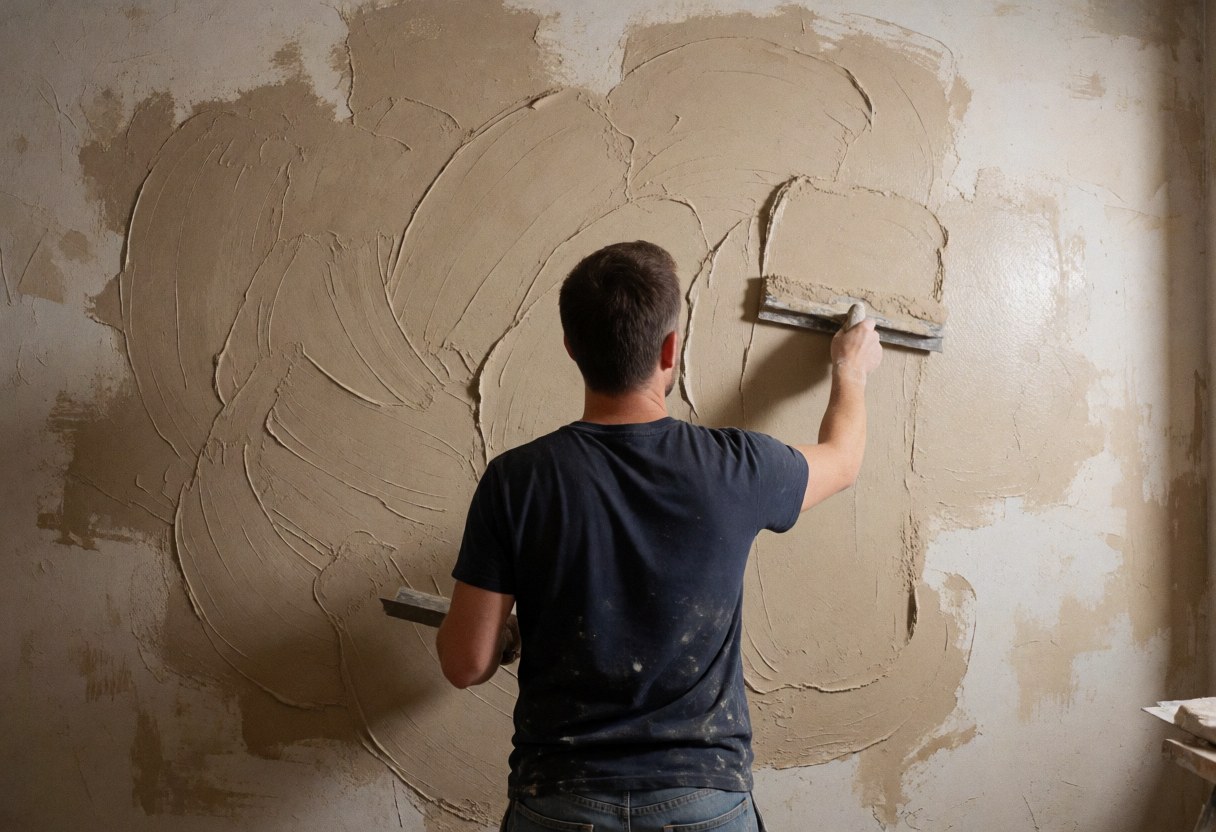 Un professionnel applique un enduit beige sur une paroi avec un outil, créant un motif artistique en intérieur.