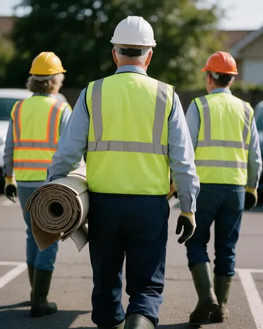 Trois techniciens en tenue de sécurité portent un store enroulé vers un chantier dans un parking, illustrant le travail d'équipe et le professionnalisme.