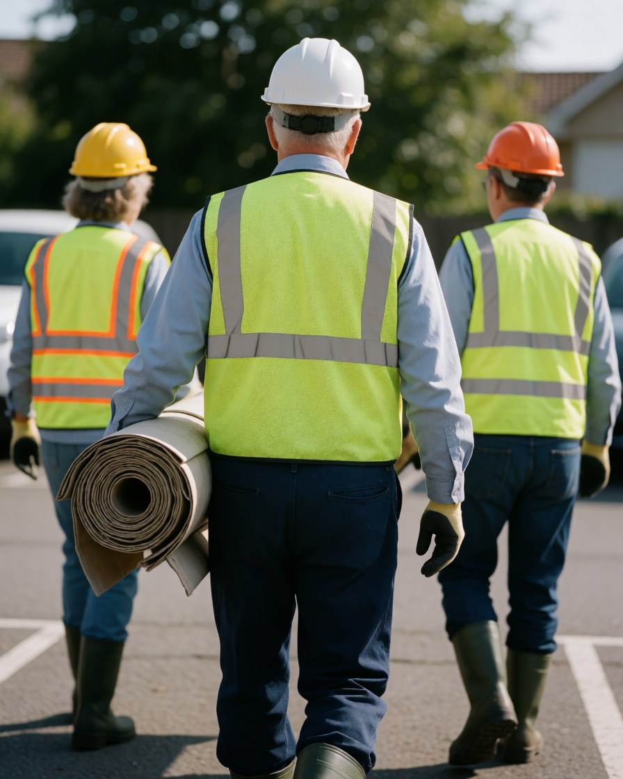 Trois techniciens en tenue de sécurité portent un store enroulé vers un chantier dans un parking, illustrant le travail d'équipe et le professionnalisme.