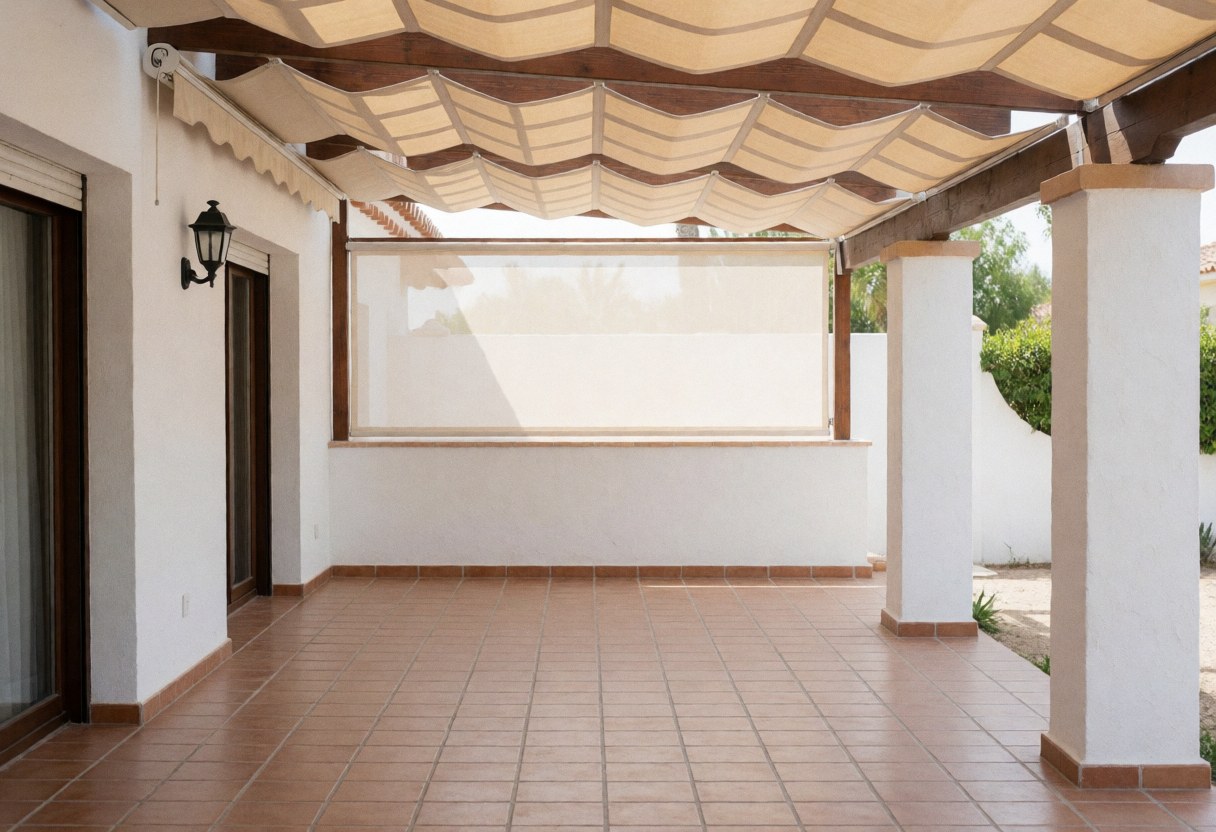Patio extérieur avec auvent en bois et toile beige, sol en carreaux de terre cuite, murs blancs, éclairage naturel, idéal pour entreprise d'auvents.